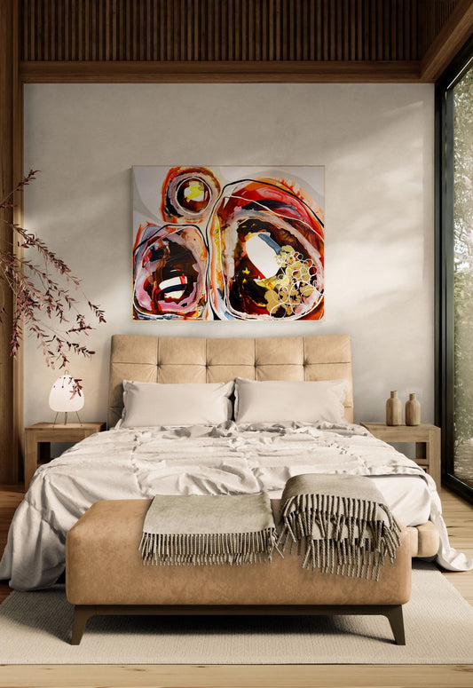 Abstract painting “Breathless” by Lara Scolari featuring two mountain forms and a radiant sun, expressed through layered earth tones of ochre, burnt orange, clay, umber and yellow. Fluid, translucent ink washes and organic contours reveal the unseen energy and movement beneath the earth’s surface, evoking landscape, minerals and life force.