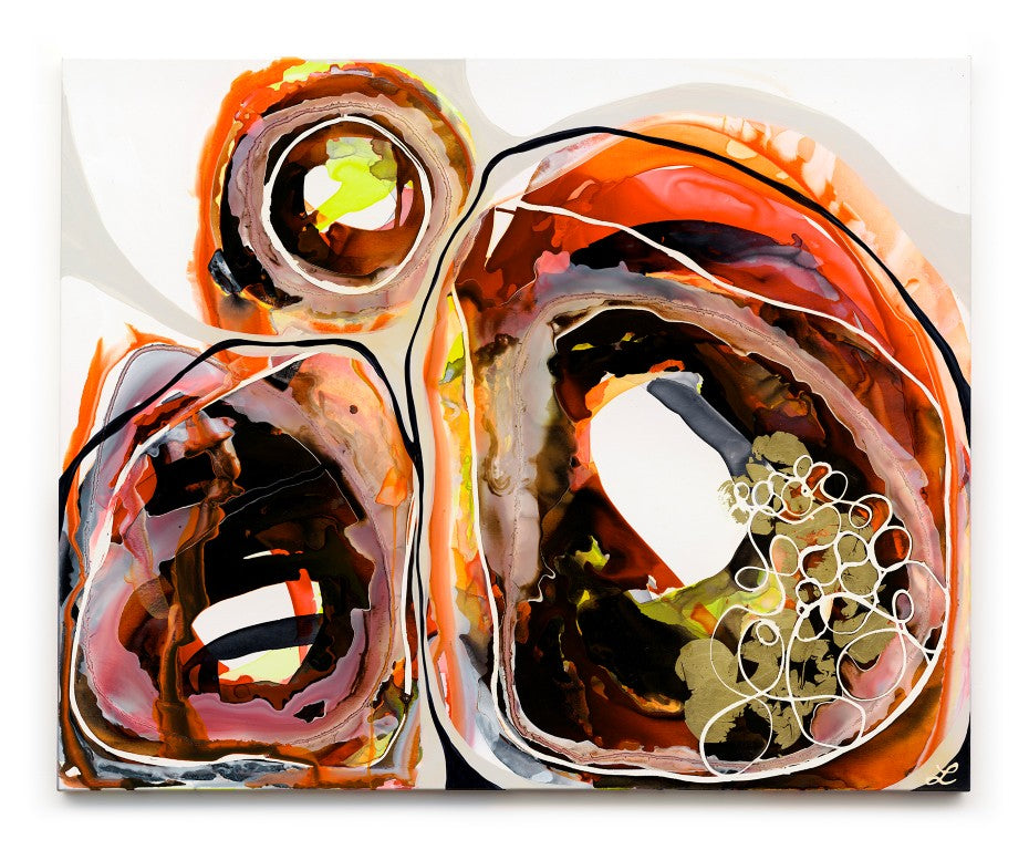 Abstract painting “Breathless” by Lara Scolari featuring two mountain forms and a radiant sun, expressed through layered earth tones of ochre, burnt orange, clay, umber and yellow. Fluid, translucent ink washes and organic contours reveal the unseen energy and movement beneath the earth’s surface, evoking landscape, minerals and life force.