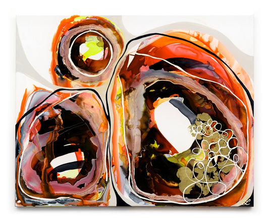 Abstract painting “Breathless” by Lara Scolari featuring two mountain forms and a radiant sun, expressed through layered earth tones of ochre, burnt orange, clay, umber and yellow. Fluid, translucent ink washes and organic contours reveal the unseen energy and movement beneath the earth’s surface, evoking landscape, minerals and life force.