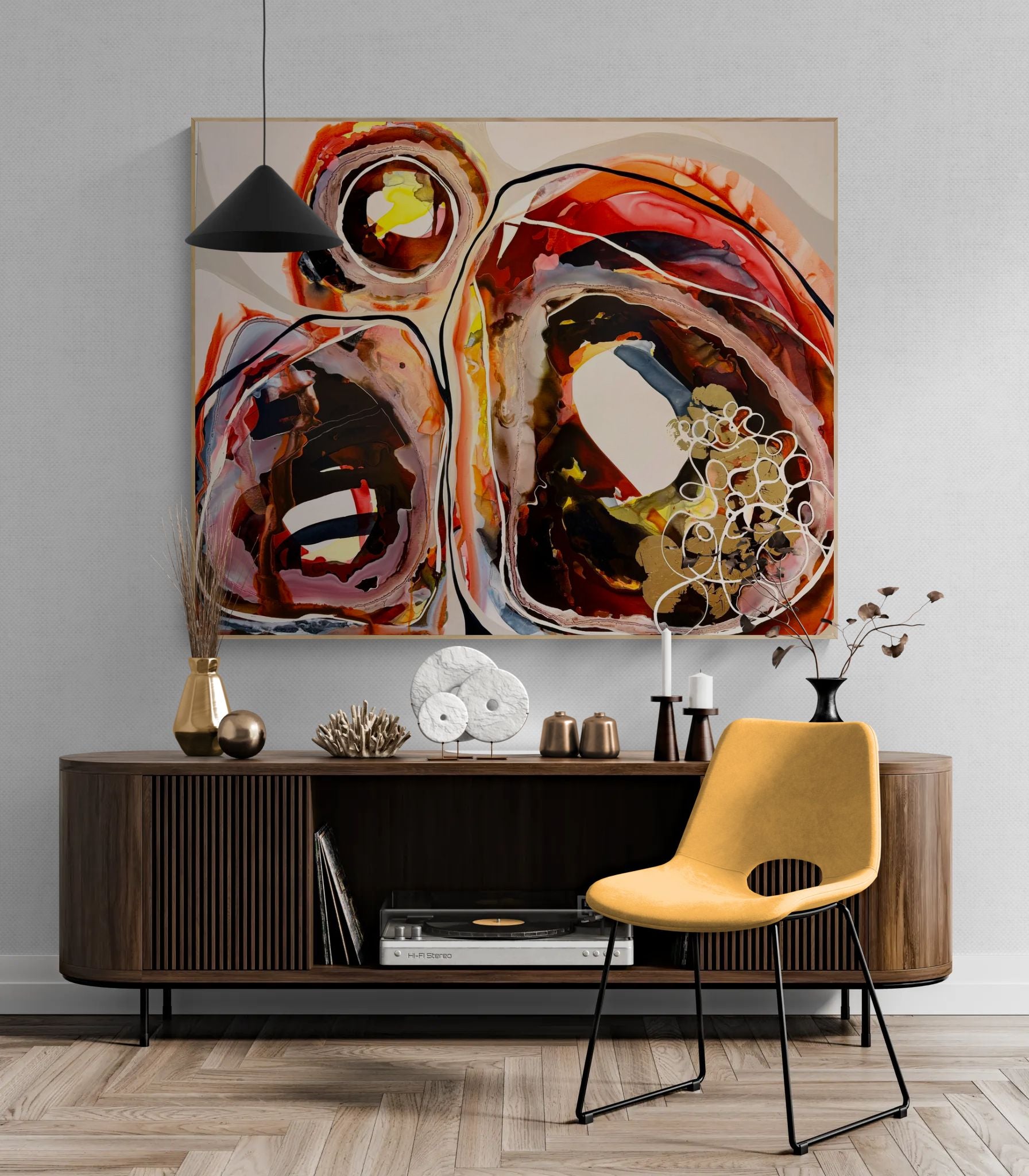 Abstract painting “Breathless” by Lara Scolari featuring two mountain forms and a radiant sun, expressed through layered earth tones of ochre, burnt orange, clay, umber and yellow. Fluid, translucent ink washes and organic contours reveal the unseen energy and movement beneath the earth’s surface, evoking landscape, minerals and life force.