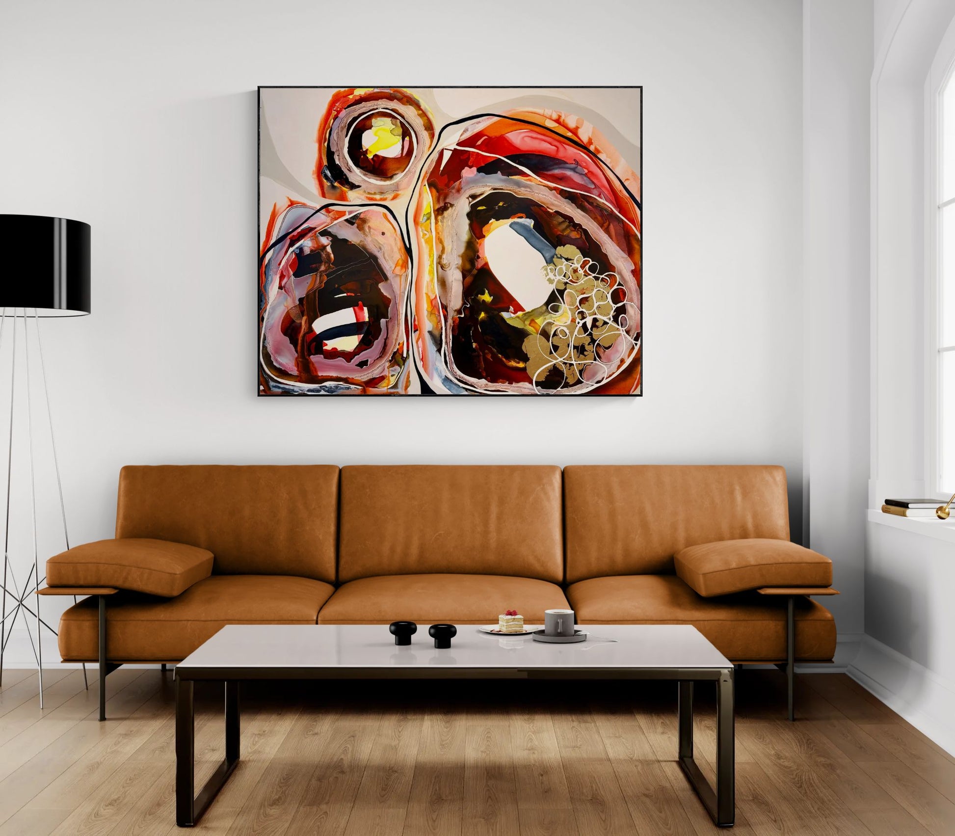 Abstract painting “Breathless” by Lara Scolari featuring two mountain forms and a radiant sun, expressed through layered earth tones of ochre, burnt orange, clay, umber and yellow. Fluid, translucent ink washes and organic contours reveal the unseen energy and movement beneath the earth’s surface, evoking landscape, minerals and life force.