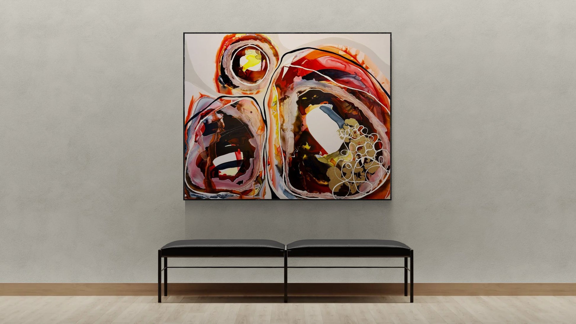 Abstract painting “Breathless” by Lara Scolari featuring two mountain forms and a radiant sun, expressed through layered earth tones of ochre, burnt orange, clay, umber and yellow. Fluid, translucent ink washes and organic contours reveal the unseen energy and movement beneath the earth’s surface, evoking landscape, minerals and life force.