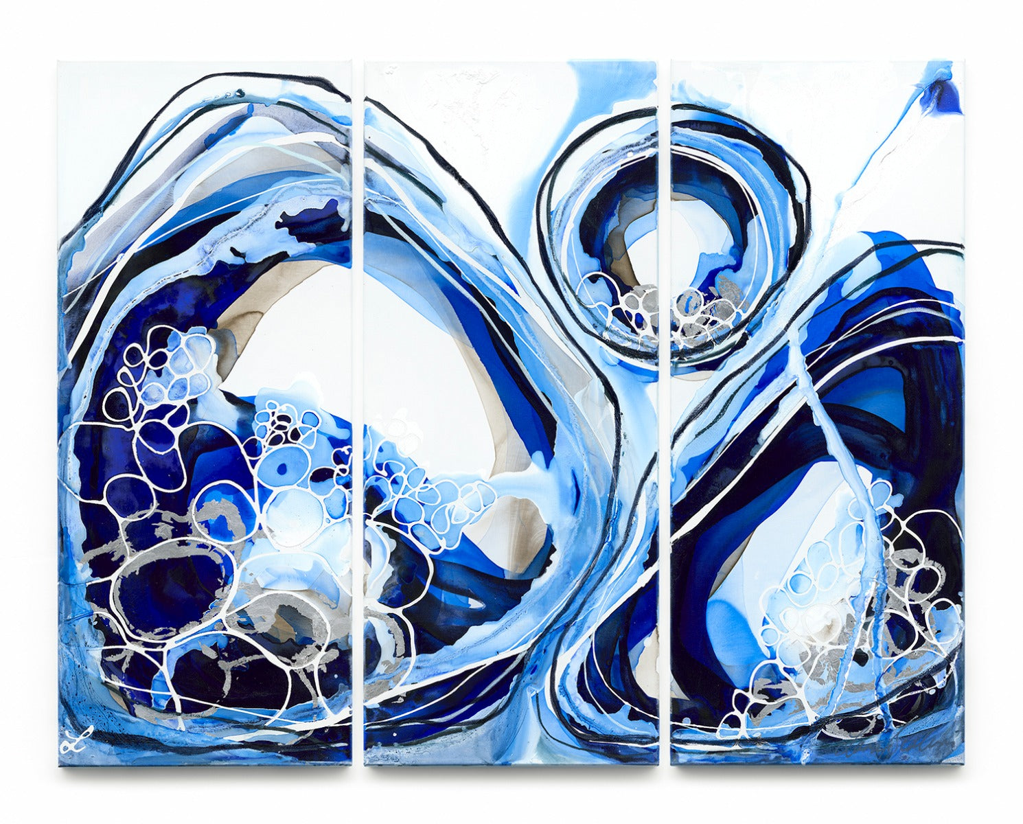 DeepI Lara Scolari abstract art Australia blue organic circle interior design contemporary artwork Triptych
