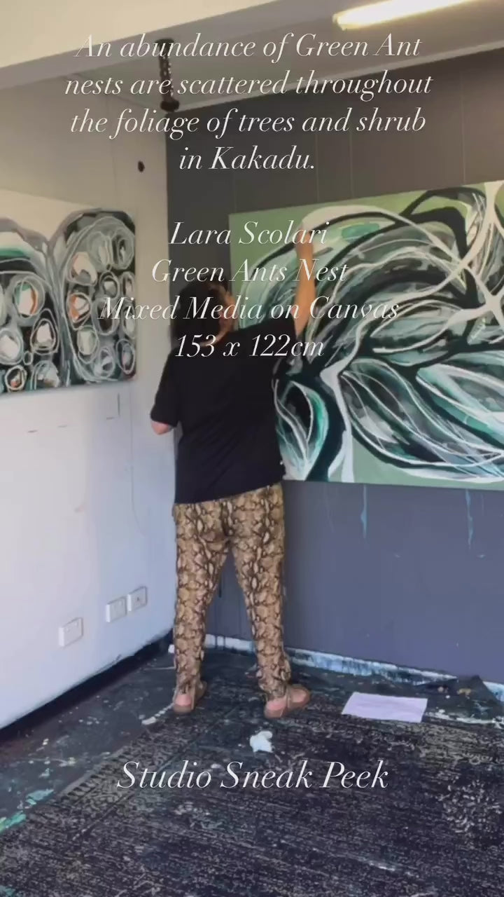 Green Ants Nest artwork in studio setting - Australian botanical abstract print by Lara Scolari